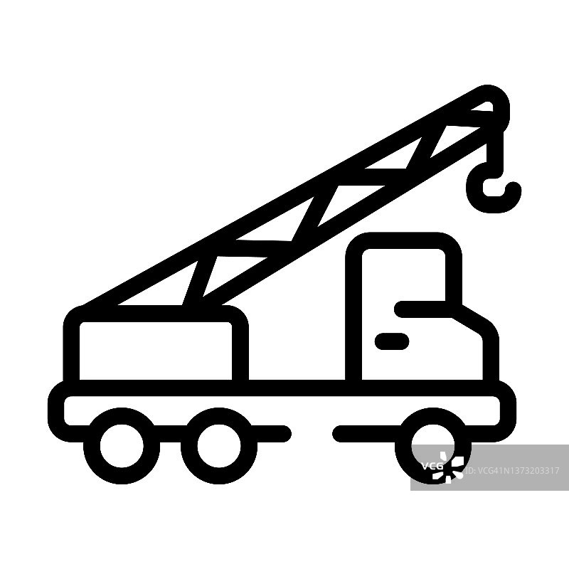 起重机卡车细线图标。卡车、起重机线性图标从施工概念孤立轮廓标志。矢量插图符号元素的网页设计和应用程序。图片素材