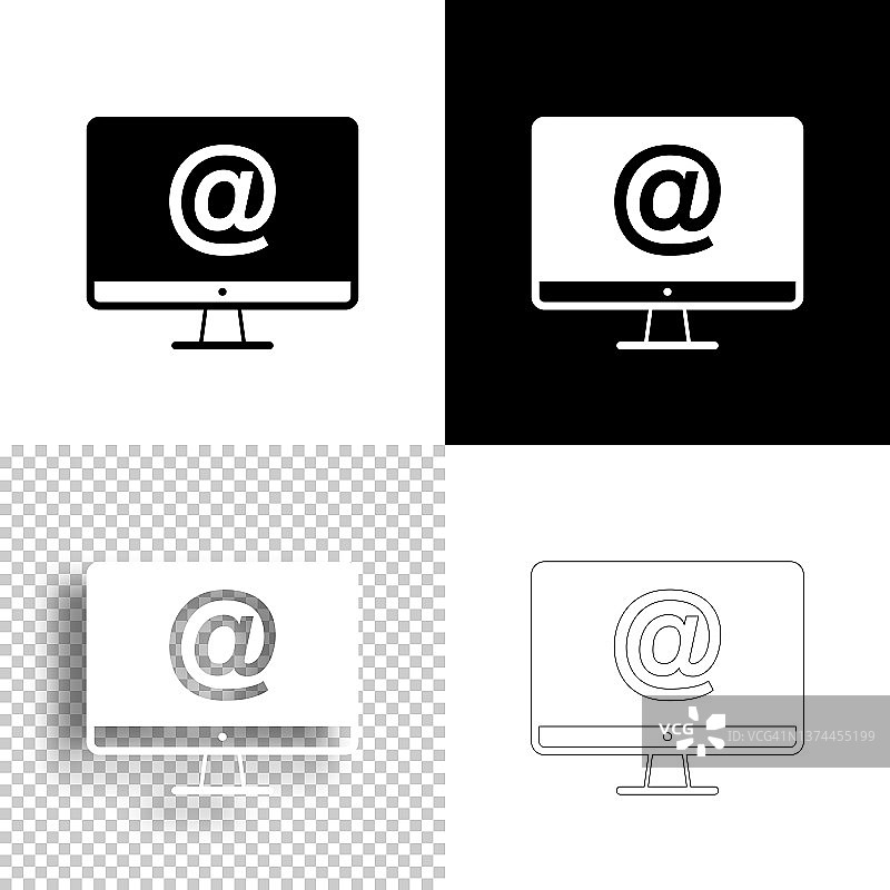 台式电脑带有At符号。图标设计。空白，白色和黑色背景-线图标图片素材