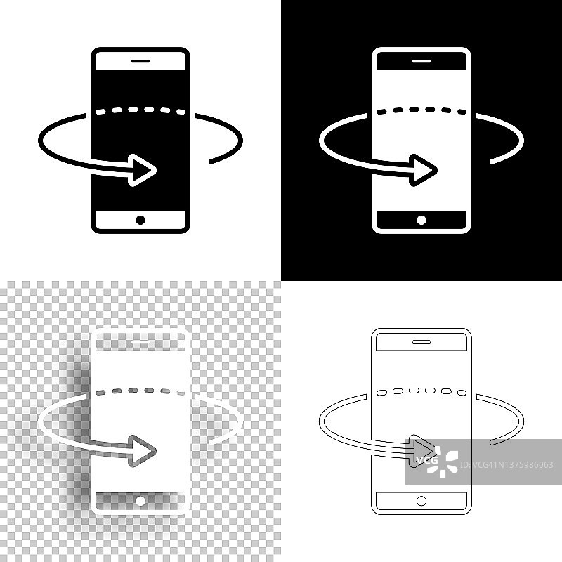 智能手机360度旋转。图标设计。空白，白色和黑色背景-线图标图片素材