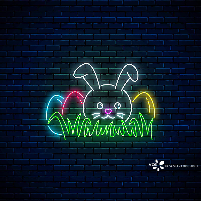 复活节快乐的招牌上有霓虹灯风格的兔子和彩蛋。霓虹复活节网页横幅设计。图片素材