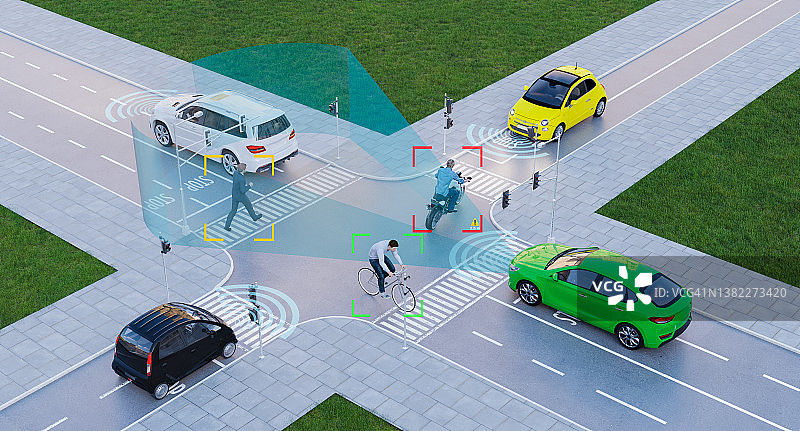 人工智能电动汽车在大都市道路上自动驾驶，3d渲染图片素材