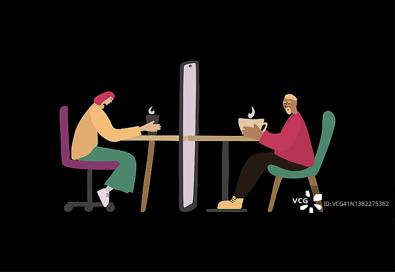 在线约会。一个长着粉红色头发的年轻女孩正和一个男人在咖啡馆里喝茶。智能手机上的视频聊天会议图片素材