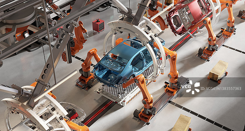 机器人手臂的现代汽车生产线的3d渲染图片素材