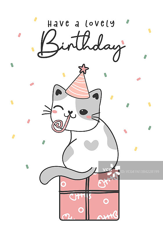 生日快乐猫贺卡，可爱甜蜜的灰色小猫猫生日卡通画图片素材
