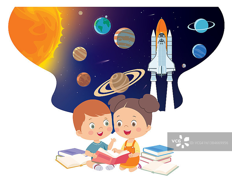 两个孩子喜欢读书，坐在一起，就像一个读书小组。空间水平背景火箭，行星和复制空间为您的文本卡通风格。概念横幅与太阳系为您的设计。图片素材