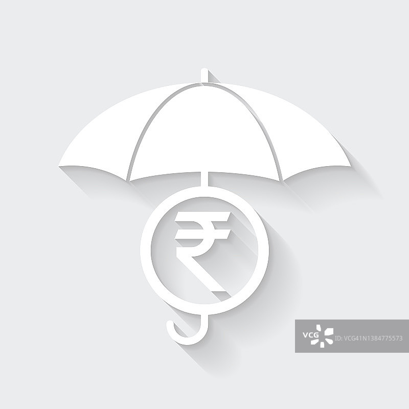 雨伞下的印度卢比硬币。图标与空白背景上的长阴影-平面设计图片素材