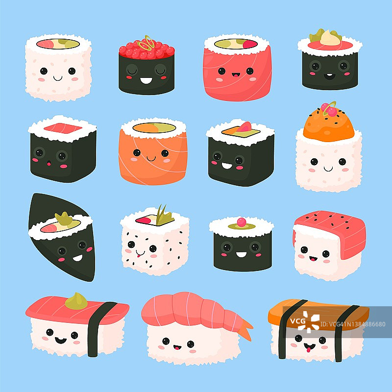 可爱的寿司卷。Kawaii有趣的日本食物角色，亚洲美食，卡通烹饪表情符号，海苔饭的脸，吉祥物的快乐情绪，贴纸收集，向量集图片素材