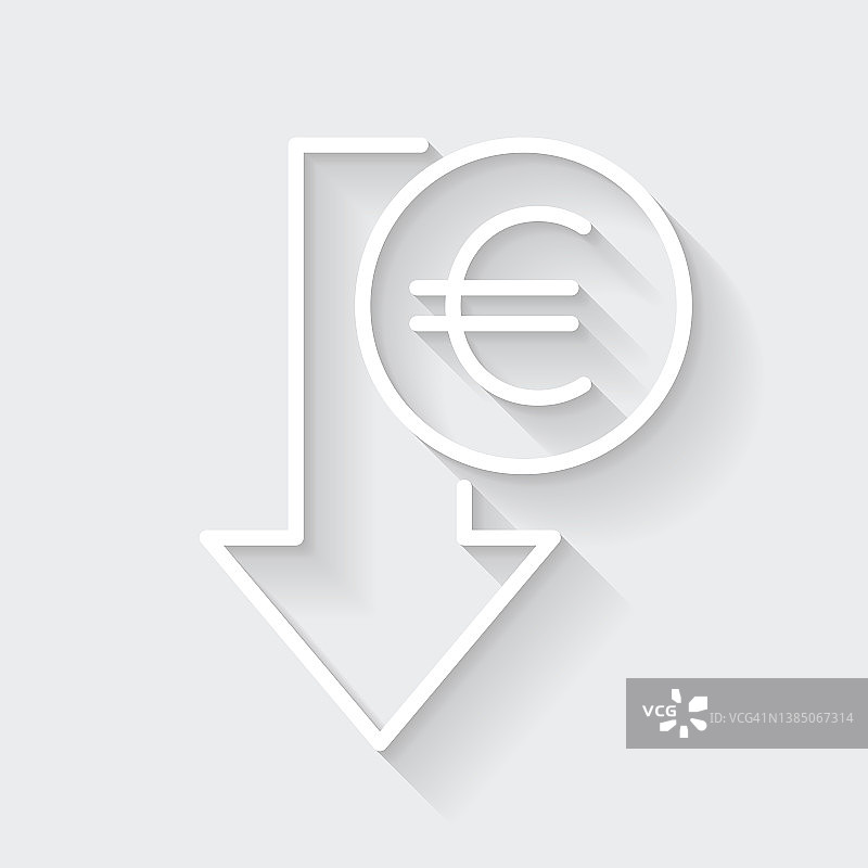 欧元下降。图标与空白背景上的长阴影-平面设计图片素材