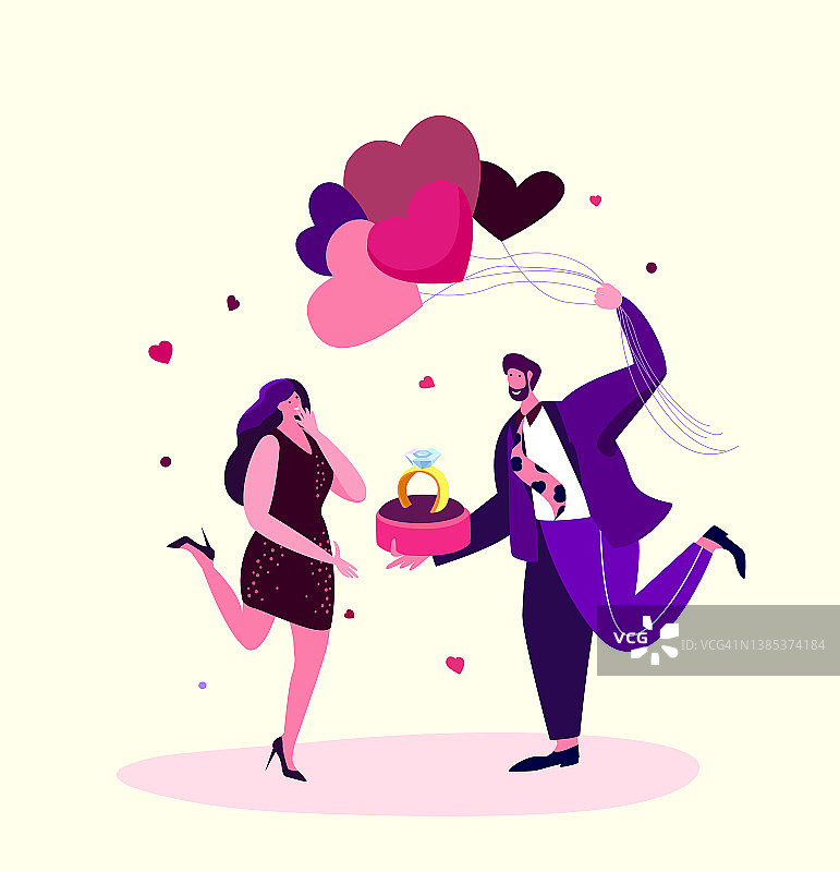 爱情订婚，订婚求婚惊喜。一个微笑的年轻男人拿着一串气球和结婚戒指，向一个快乐的女人求婚，让她嫁给他。婚姻概念平面矢量插图。图片素材