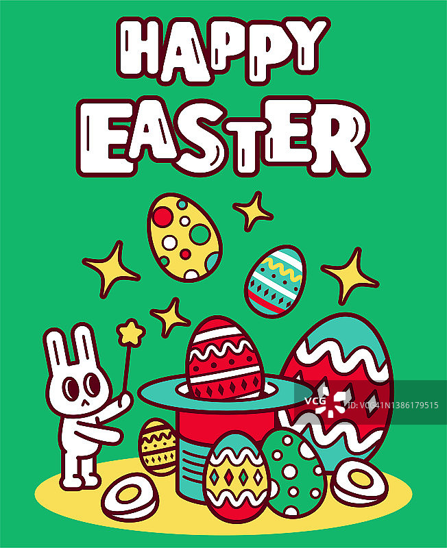快乐的复活节兔子挥舞着魔杖，从帽子里抽出许多复活节彩蛋图片素材