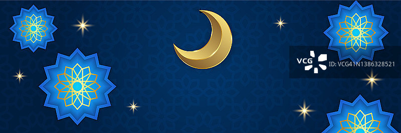 斋月卡里姆旗帜背景有月亮，伊斯兰图案，灯笼。金月亮与伊斯兰元素抽象奢华的背景图片素材