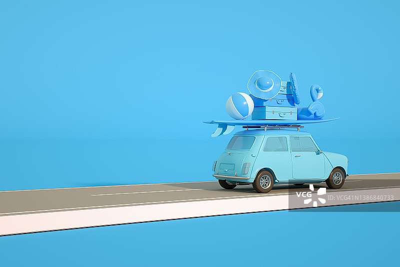 暑假之路与蓝色背景的汽车旅行概念图片素材
