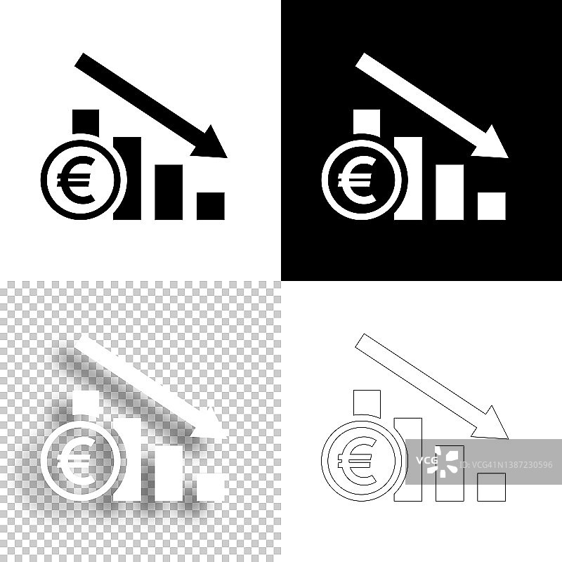 欧元汇率下降图表。图标设计。空白，白色和黑色背景-线图标图片素材