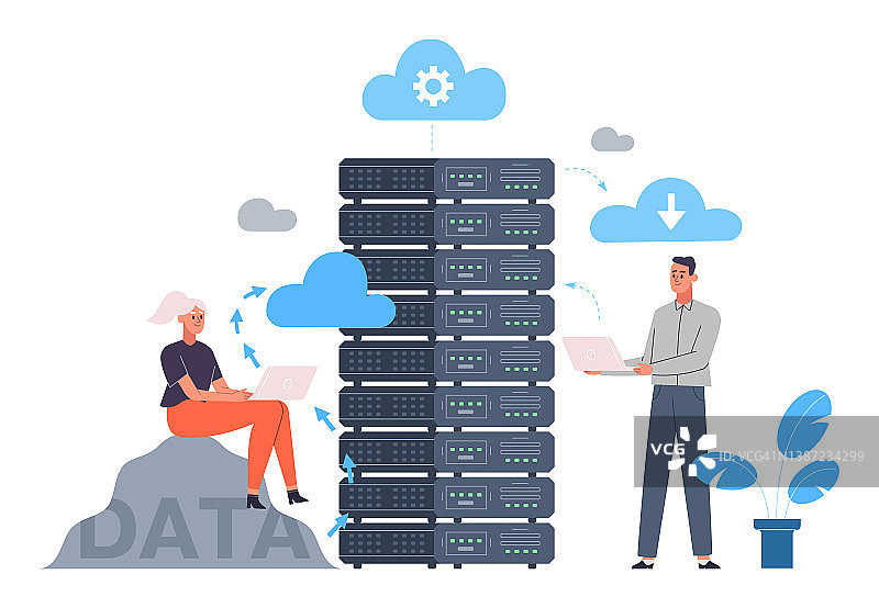 云数据服务器，在线数据库存储技术概念。数据存储工程，云托管计算概念矢量说明。云存储技术图片素材