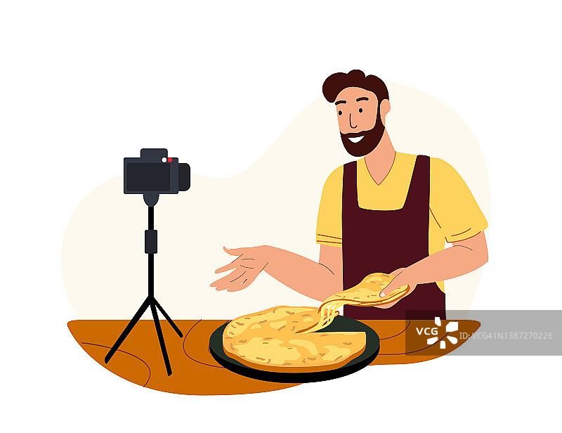 男性角色烹饪美味的披萨哈切布里，与切片奶酪融化。在视频博客的教程，男人美食博客告诉如何烹饪。厨师视频博客展示食谱。卡通人平面矢量插图图片素材
