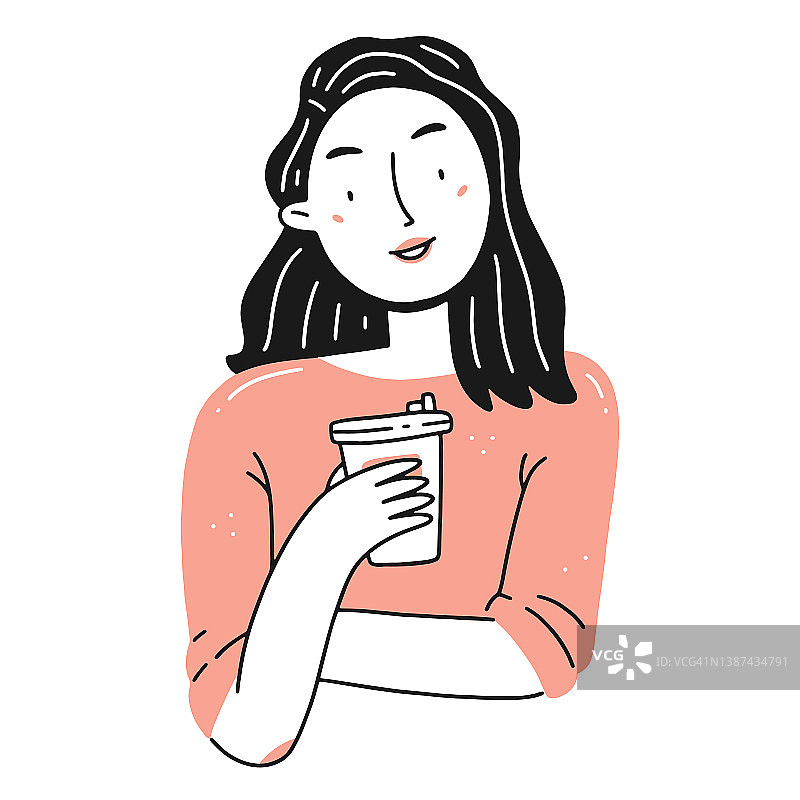 一个年轻快乐的女孩的肖像与一杯咖啡在一个简单的线性涂鸦风格。向量孤立的插图。图片素材