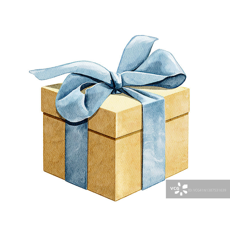 水彩黄色礼物盒蓝色蝴蝶结图片素材