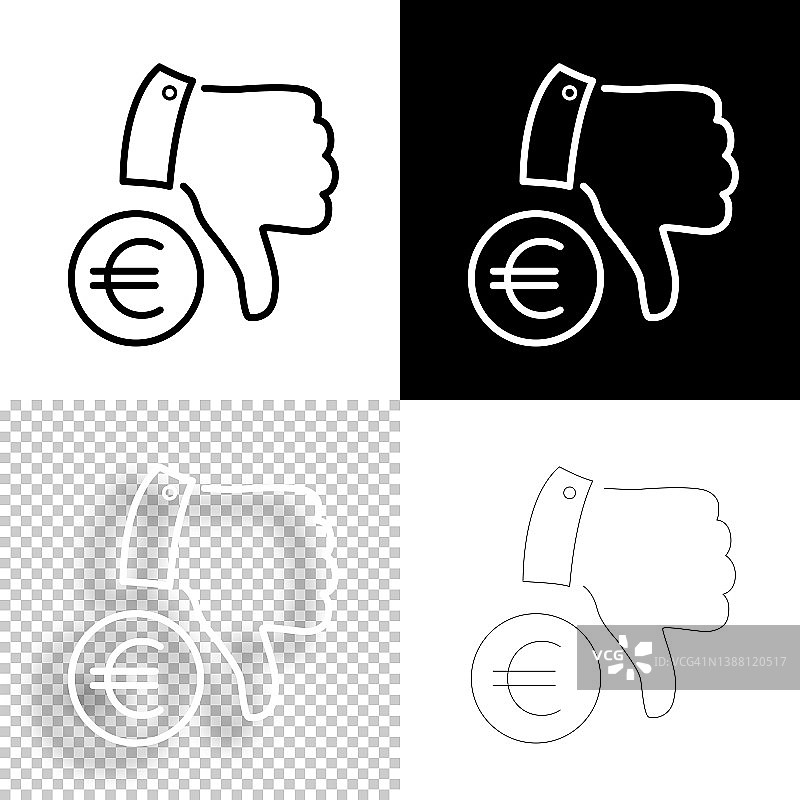 大拇指朝下的欧元硬币。图标设计。空白，白色和黑色背景-线图标图片素材