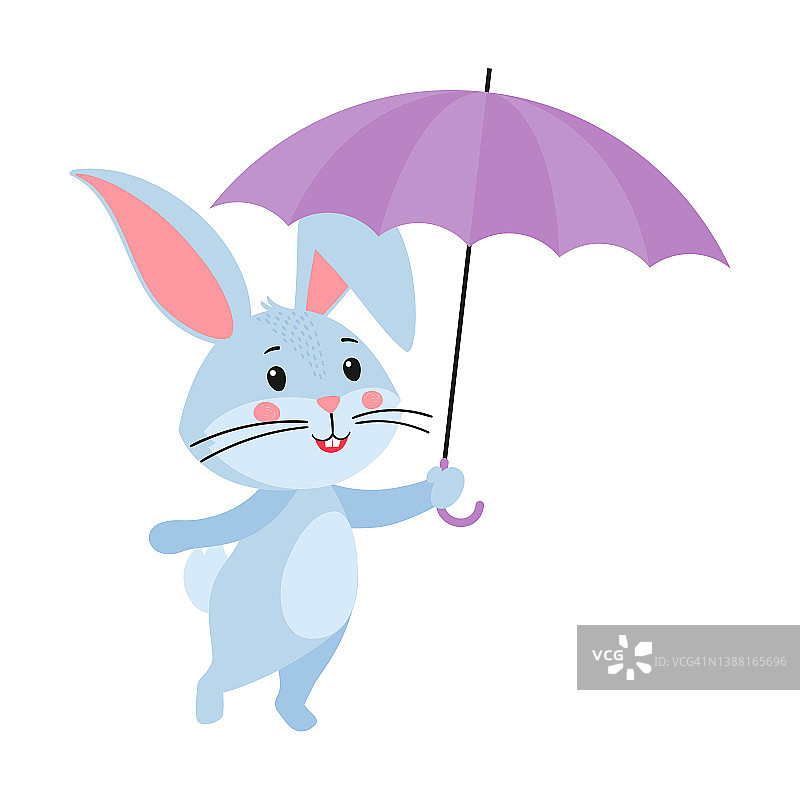 可爱的卡通兔子或野兔。小兔在雨中撑伞。印刷儿童t恤，贺卡，海报。在白色背景上孤立的手绘矢量库存插图图片素材
