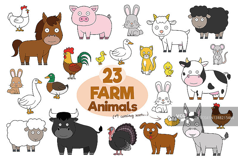 一组23个农场动物在卡通风格向量插图图片素材