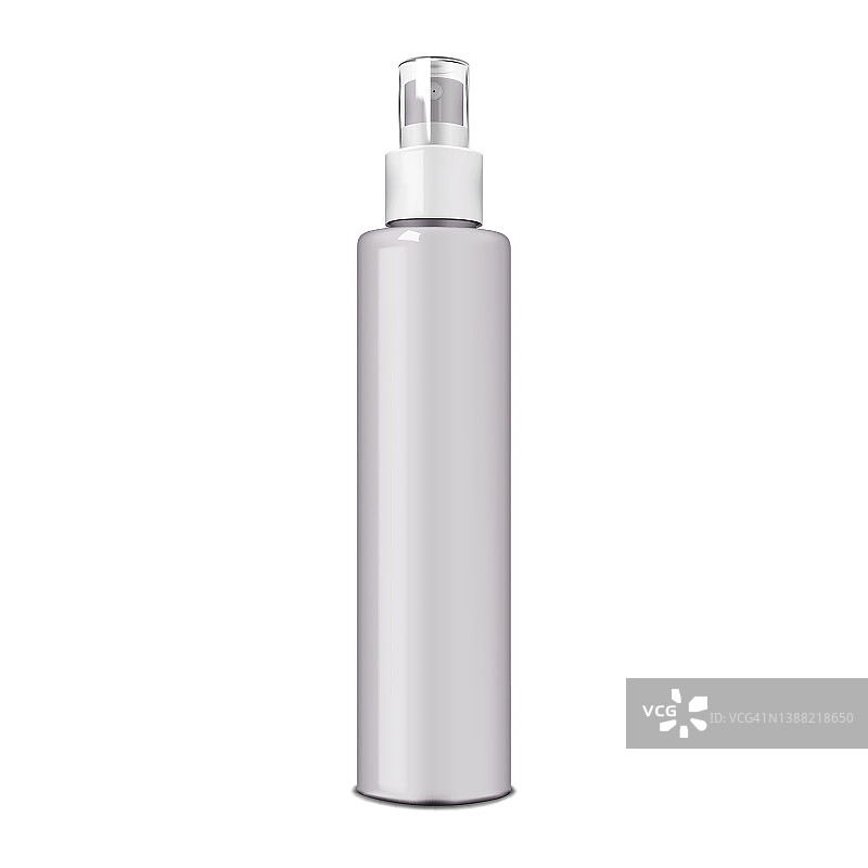 化妆品细雾喷雾瓶透明透明盖隔离在白色背景，现实的模型。美容产品泵容器，矢量模型。模板设计图片素材