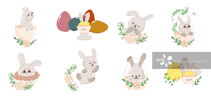 集概念兔子复活节卡片与绿色的叶子，可爱的春天宗教节日，小鸡兔卡通涂鸦矢量插图，孤立在白色。图片素材