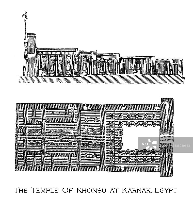 古雕刻插图的Khonsu庙在卡纳克，埃及图片素材
