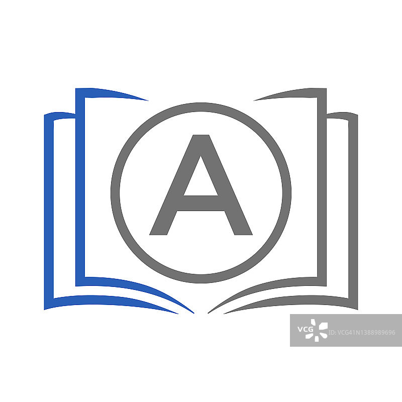 字母A模板上的教育标志。打开书的标志在一封信上，最初的教育标志概念模板图片素材