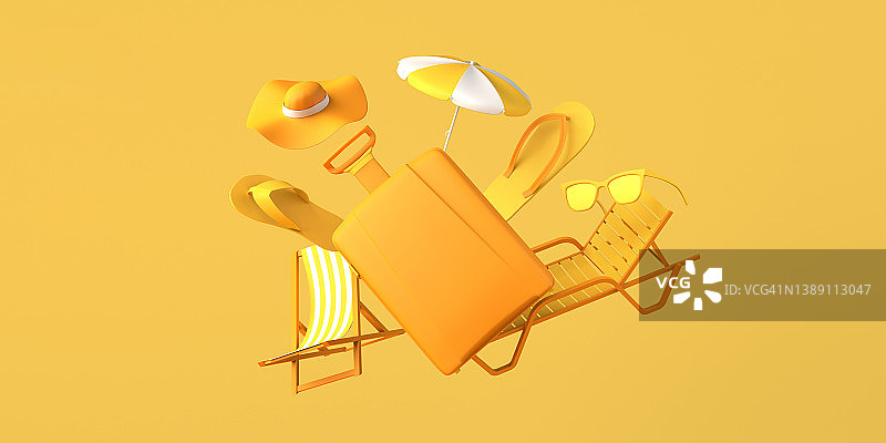 夏季度假概念与行李箱，人字拖，帽子，沙滩椅和太阳镜。旅行。副本的空间。3 d演示。图片素材