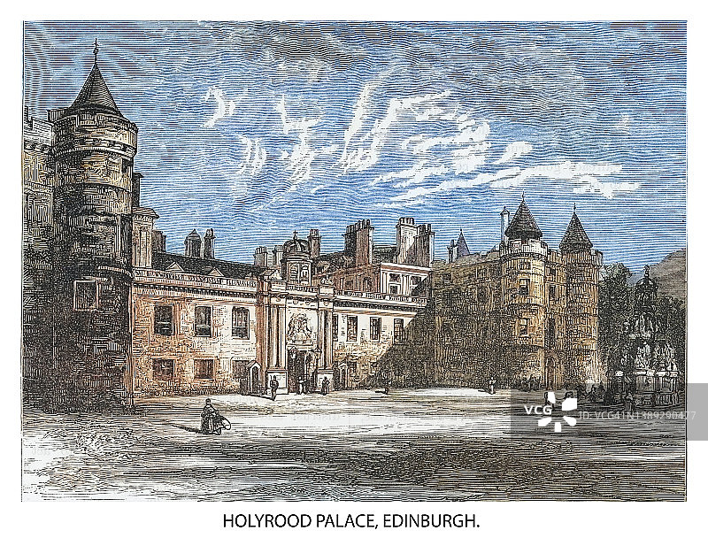 苏格兰首府爱丁堡，荷里路德宫的古老雕刻插图图片素材
