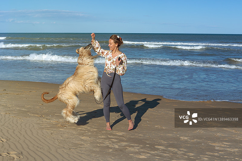 一个年轻的女人在沙滩上和她的狗玩图片素材