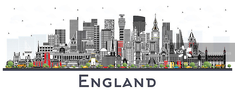 英格兰城市天际线与灰色建筑孤立在白色。图片素材