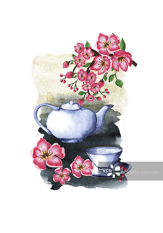 水彩插画日本茶道。茶具。中国传统礼仪茶具。杯子，茶壶和绿叶。水彩樱花盛开，水彩荷花盛开。图片素材