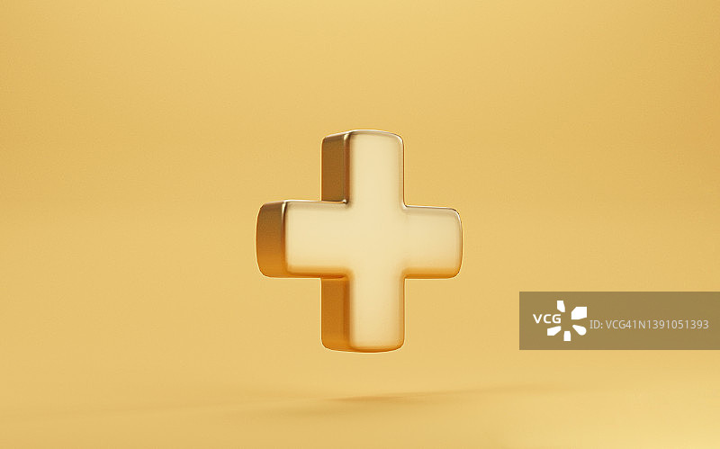 个人发展福利和健康保险概念的积极思维心态的金色加号三维渲染。图片素材