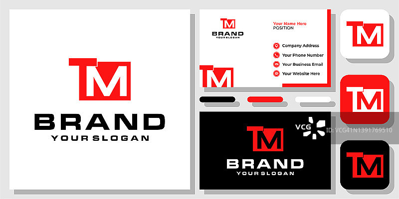 声母字母TM红色强现代抽象字母组合标志设计与名片模板图片素材