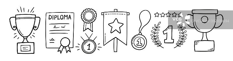奖项，奖杯，第一名奖章和文凭设置。涂鸦金牌和冠军奖杯。手绘奖励装饰图标。矢量插图孤立在白色背景上图片素材