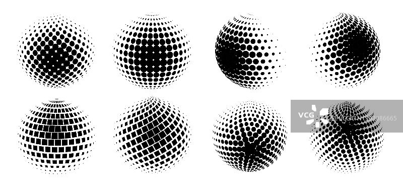 一组半色调体积球体。三维球体的集合。半色调设计元素。矢量插图。图片素材