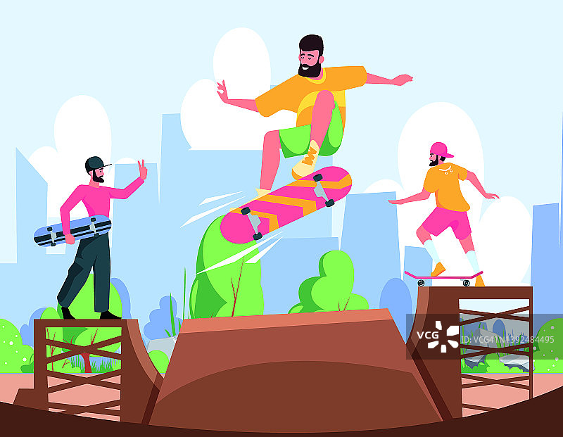 滑板跳。动作运动人物户外骑滑板游乐场花哨的矢量卡通背景图片素材