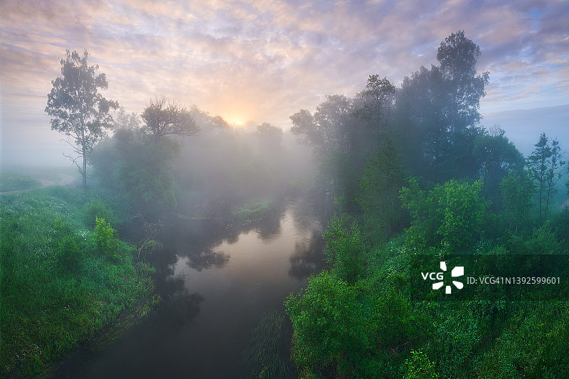 晨雾中，一条风景如画的小河。柳树和桦树。初升的太阳从云层中照射出来图片素材