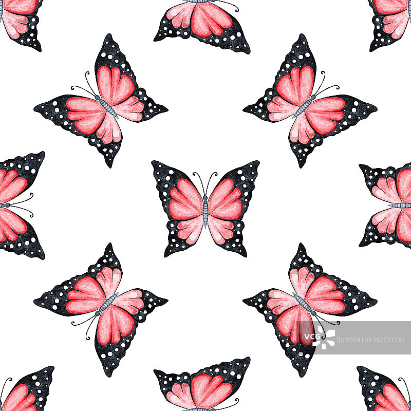 水彩红色蝴蝶无缝图案上的白色图片素材