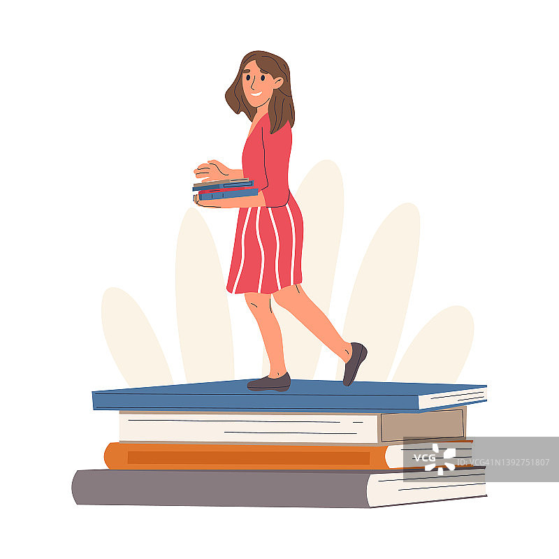 年轻女子与书籍堆，大学生或大学教师。美女文学迷，女孩站在书堆孤立矢量插图。书中的快乐女人图片素材