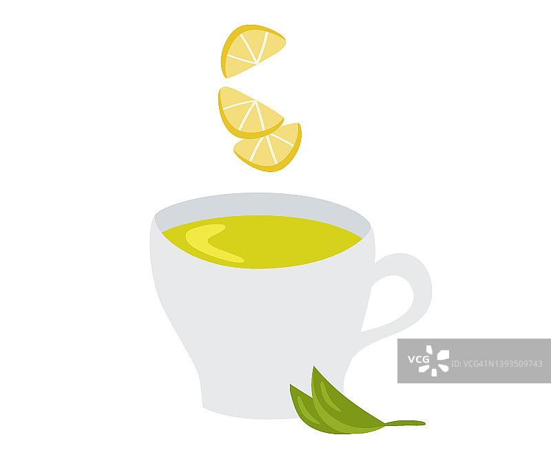 一杯加柠檬的绿茶。矢量插图的健康饮料的设计或装饰。图片素材