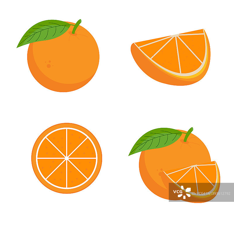 一组不同的橙子，完整的和切开的图片素材