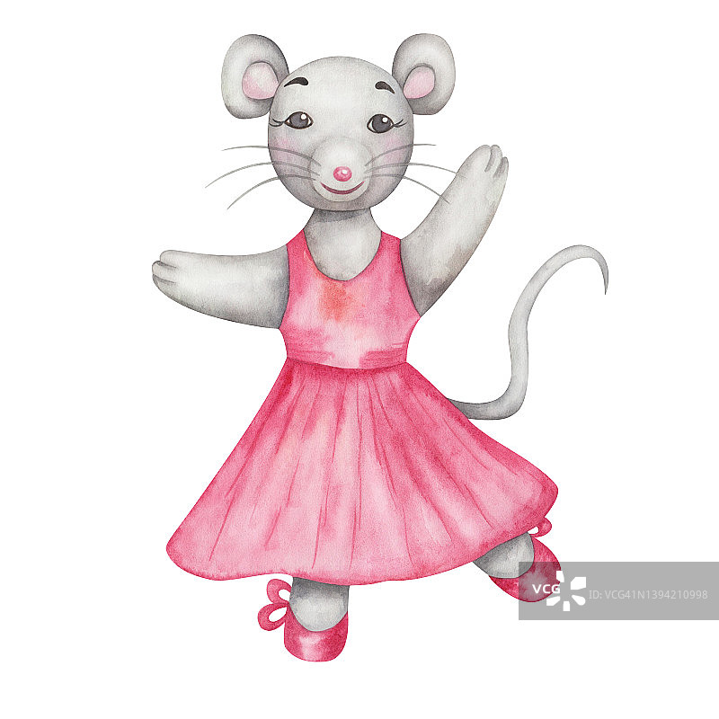 手绘水彩插图灰色老鼠女孩在舞蹈工作室粉红色的裙子和芭蕾舞鞋与花边。卡通动物的性格图片素材
