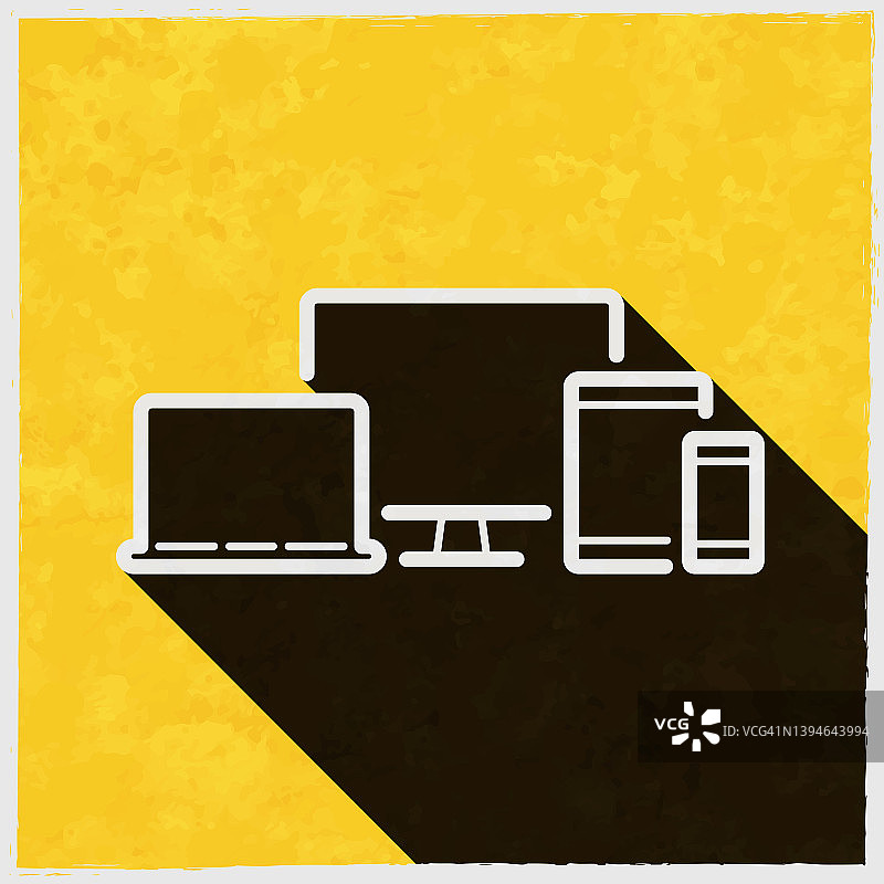 台式电脑、笔记本电脑、平板电脑、智能手机。图标与长阴影的纹理黄色背景图片素材