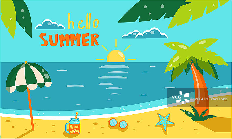 你好,夏天的背景。矢量平坦的夏季插图，海，棕榈树，太阳，海滩。卡通夏季景观，海滩，大海和棕榈树。夏天明亮的旗帜。图片素材
