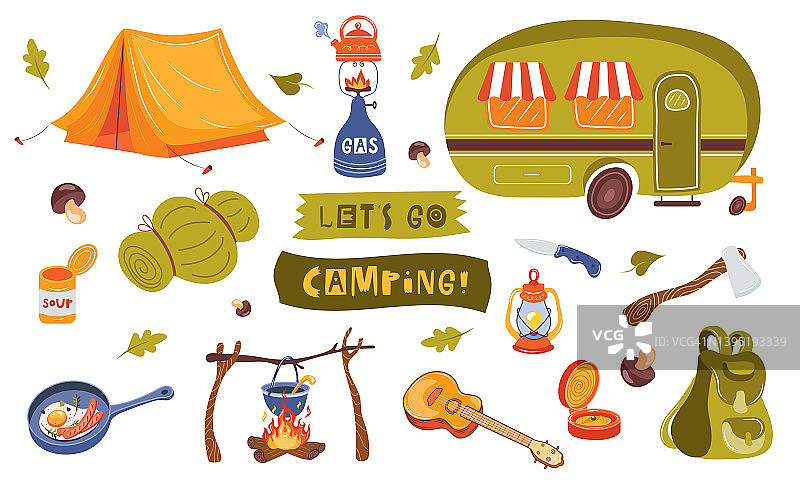 旅游用具及旅游用品矢量集。森林露营和平地徒步旅行元素。设备远足户外冒险，露营和背包插图图片素材