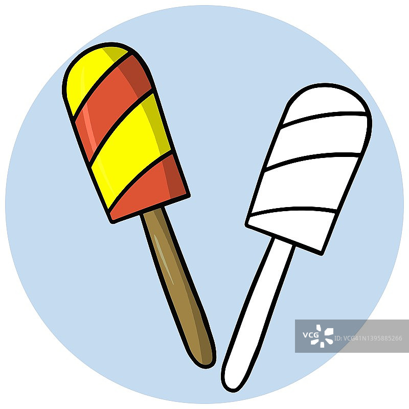 一套彩色素描。一套美味的冷饮甜点，冰棒棍，冰棒，果冰。向量图片素材