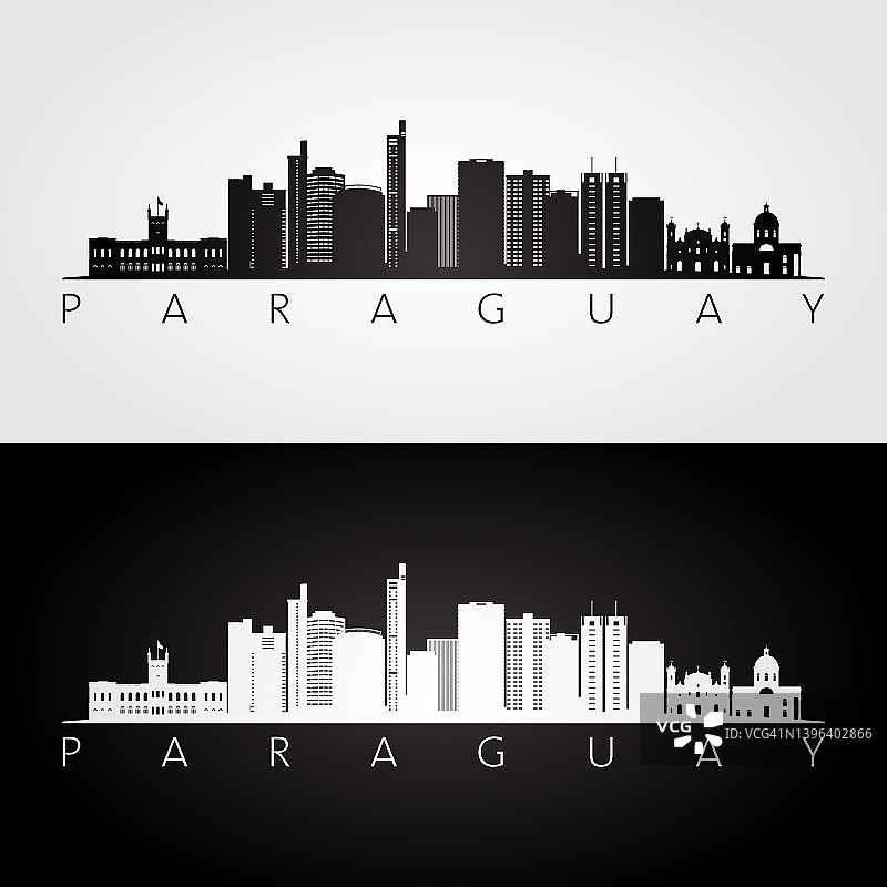 巴拉圭天际线和地标剪影，黑白设计，矢量插图。图片素材