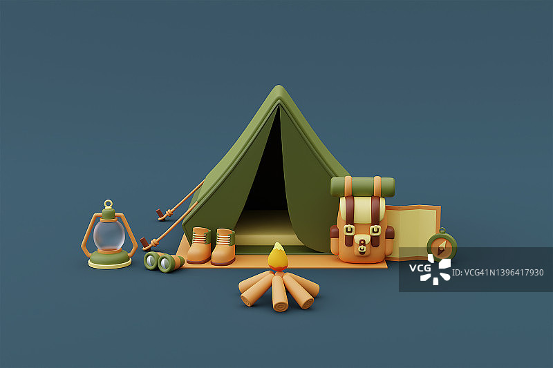 露营装备有行李、地图、提灯、登山鞋、双筒望远镜和篝火等，在露营地点外搭帐篷、度假度假概念。最小的风格。3 d渲染。图片素材